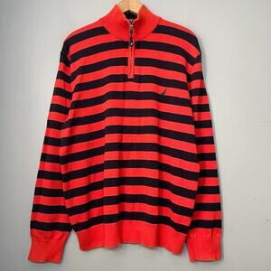 Nautica 1/4 Zip Sweater Mens Size XL Orange Navy Striped Preppy Rugby Academia